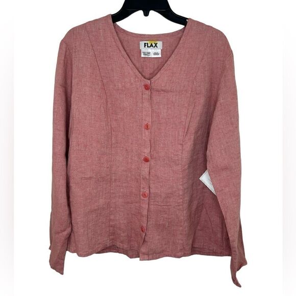 Flax Pink/Red Long Sleeve 100% Linen Lagenlook Button Front Shirt Small - Picture 1 of 9
